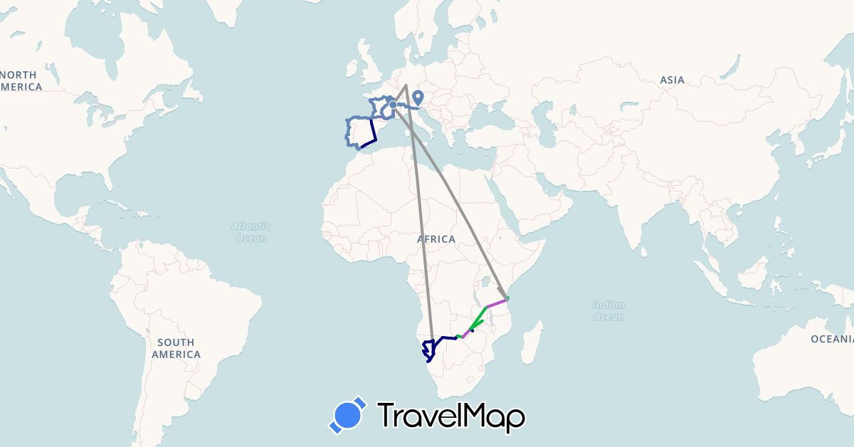 TravelMap itinerary: driving, bus, plane, cycling, train, boat in Switzerland, Germany, Spain, France, Italy, Namibia, Portugal, Tanzania, Zambia (Africa, Europe)